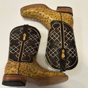 Yellow Ostrich Leather Cowboy Boots with Black Embroidered Shaft